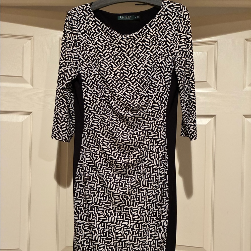 Lauren Ralph Lauren Black & White Print Fitted Dress W/ Black Panels Size 12